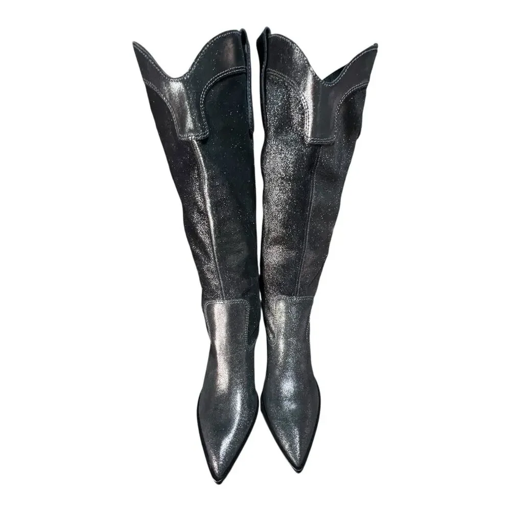 Larroude Louise Boots in Shine Graphite Metallic Suede Leather Size 8.5 - Picture 2 of 8